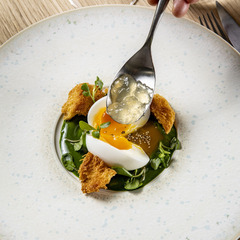 Oeuf de ferme mollet, mayonnaise montée à l'huile de persil et gelée de rosette de Lyon