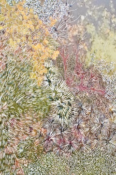 Copyright Raphaëlle Peria, La mare du jardin bleue, linoléum gravé, 200 x 300 cm, 2024